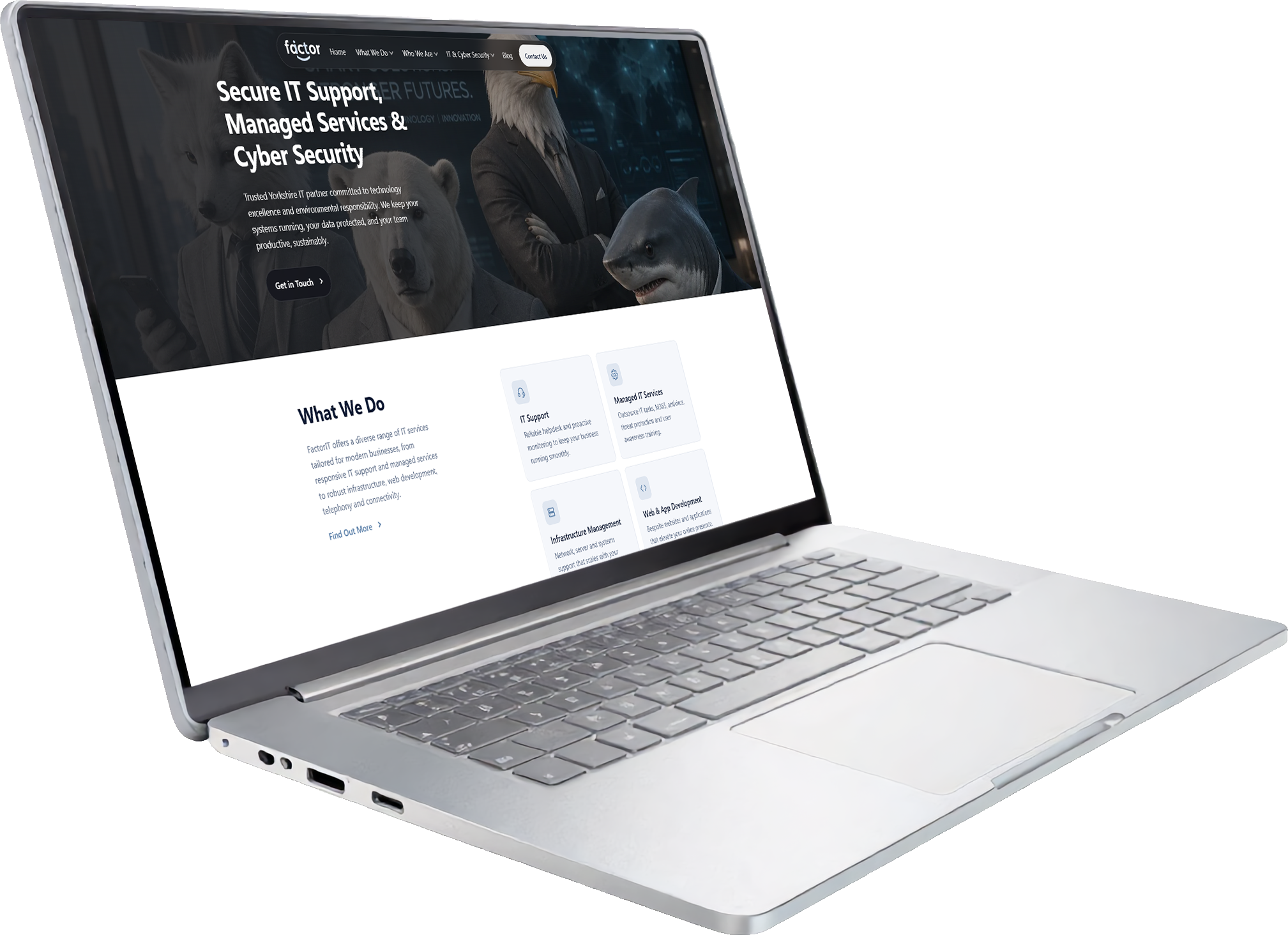 The FactorIT website shown on a laptop