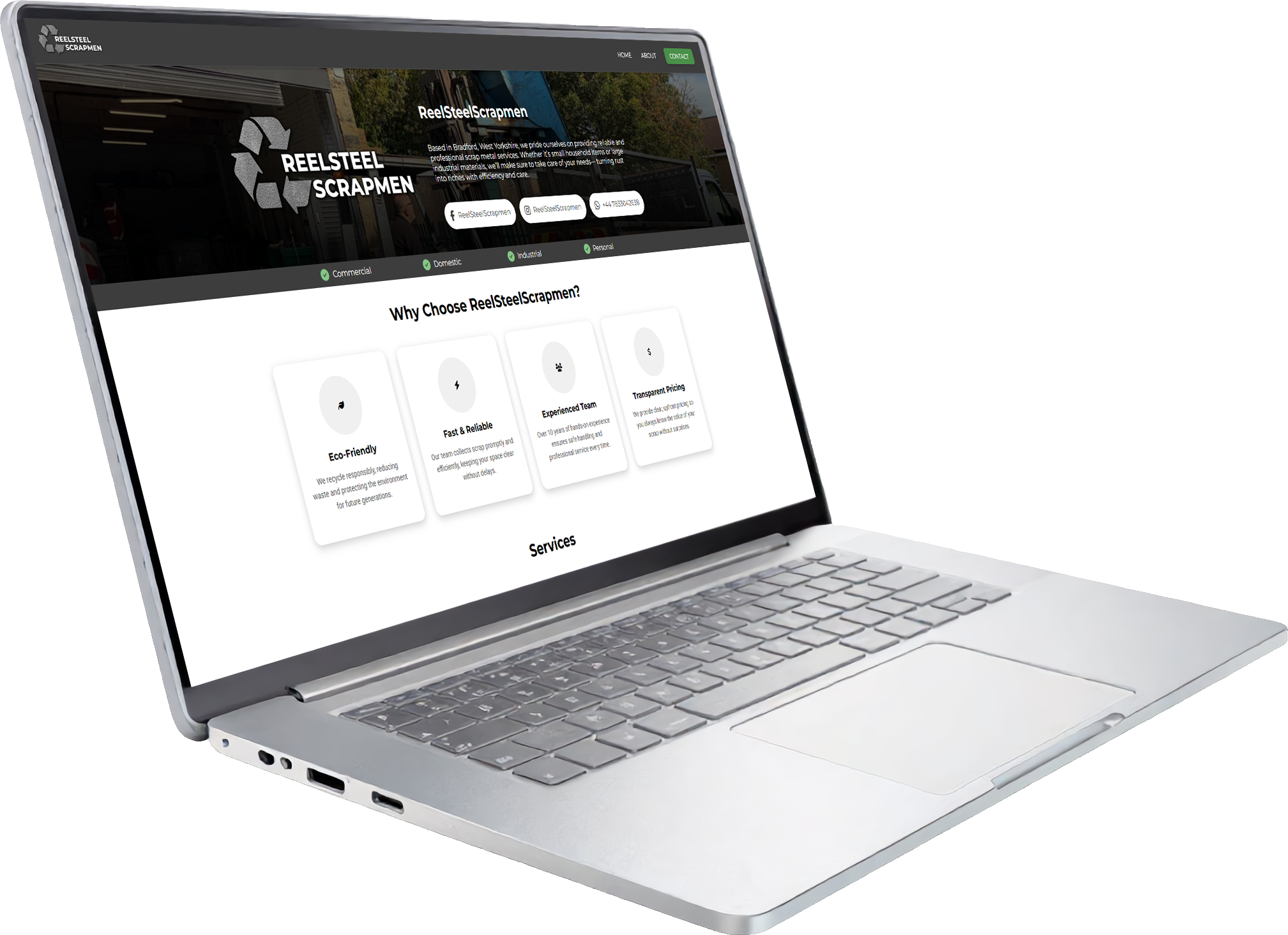 The Reelsteelscrapmen website shown on a laptop