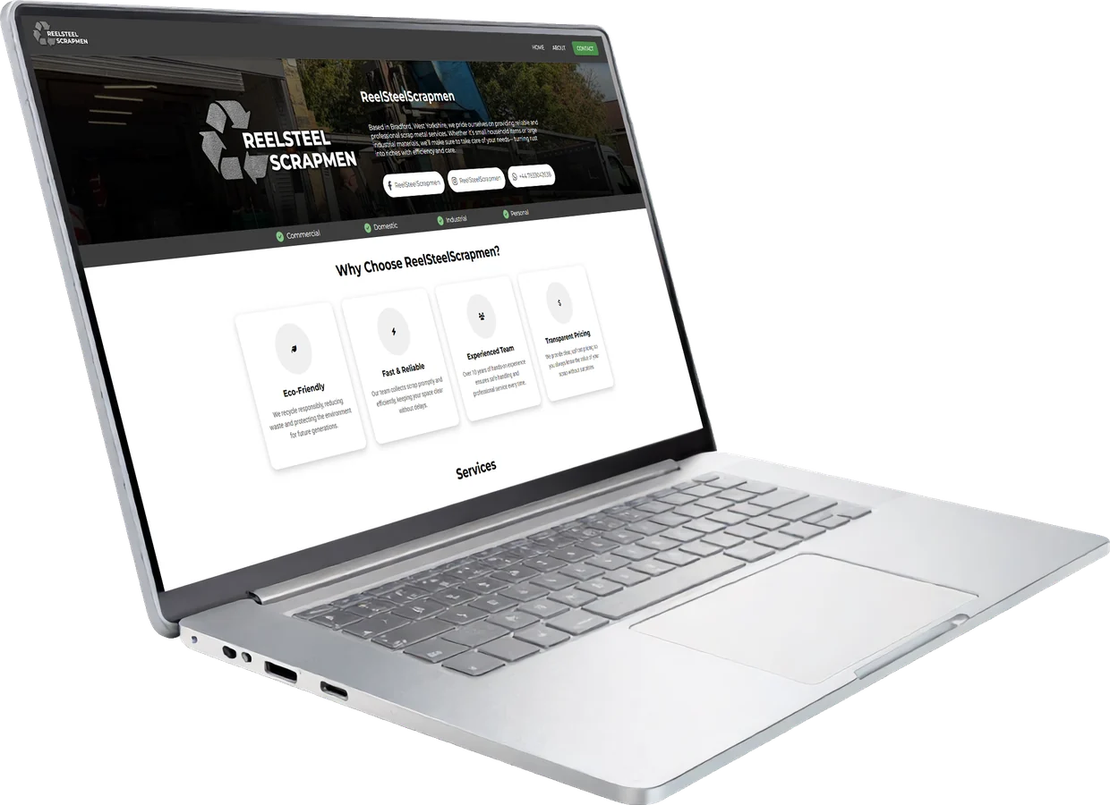The Reelsteelscrapmen website shown on a laptop